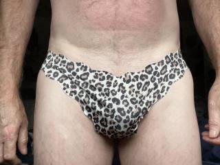 A pair of leopard print panties this time smooth and silky these one can feel my exposed cock head rubbing on the inside of them I wish you would come and rub my exposed cock head that sounds like it could be a lot more fun