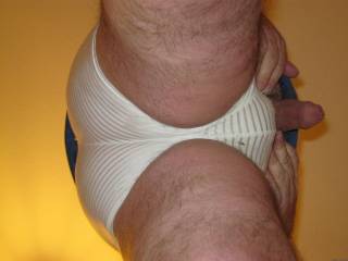An up 'n' under view between my legs with my tight briefs on