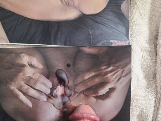 The results of cumming on Ms AlnJen69 the upper photos show how nice and meaty her pussy lips are. Mr AlnJen69 must really enjoy sucking on those and watching how they drape around his cock