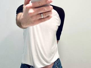 Good pair of jeans and a comfy t-shirt…keep it simple.  The big cock helps.  Do you like it?