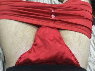 My red satin boxers and matching thong
