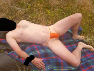 Wife taking a picture of me and my new G-string.We had a picnic at the beach anyone like to join us. Let me know if there is a photo you'd like me to post.