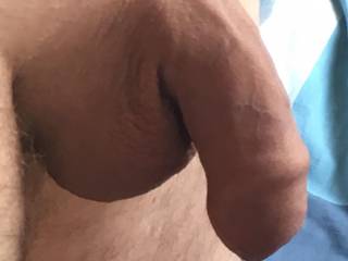 Side on view of my cock hanging limp with the knob covered by the foreskin and the pert balls laden with cum waiting to be licked and drained