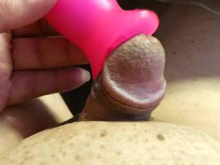 Just shaved and started playing with a clit vibrator on my cock and he is really loving it
