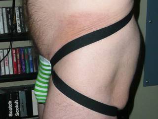 A standing side view of my male lingerie in May of 2022.