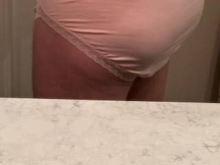 Here is another view of me wearing my wife’s pink panties, further emasculating myself.