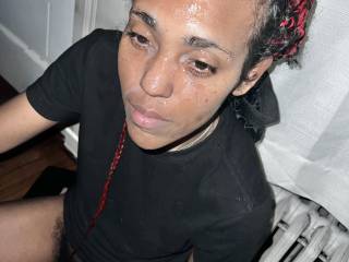 Fresh cum facial on Trina with her hairy pussy down below