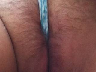 Close up of wife\'s hairy engorged snatch with a lovely phat cameltoe slit