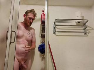 Cleaning and jerking with put cock ring back on