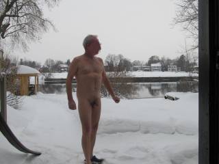 Bet you are a bit cold out there, looks like your cock has reacted and shriveled  up a little! Nice photo, would love to have been out there with you, then maybe back inside to a hot sauna
