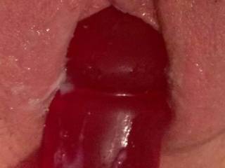 Pushing my vibrator slowly in and out, wet and dripping cum all over it... anyone want to clean it all up for me? ;)