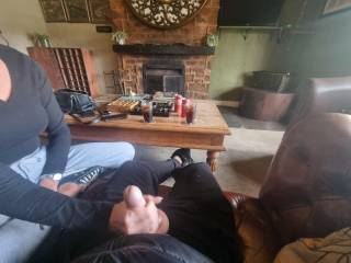 Givng me a handjob in a hotel lounge while people walked paat