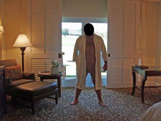 Weekend getaway at a luxury resort. Hubby patiently posing for some nude pics before I gave him a blowjob...and some pussy!  We also had 2 female observers outside that were watching very closely through the glass door!