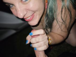 Here happiest place is with her hand on a cock about to devour it!