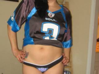 wife in her football jersey.  this was just after her 40th bday.  1 of 3