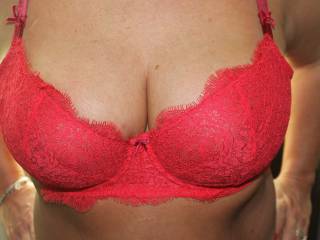Getting ready to go out.  New red bra, hope it gets taken off soon.