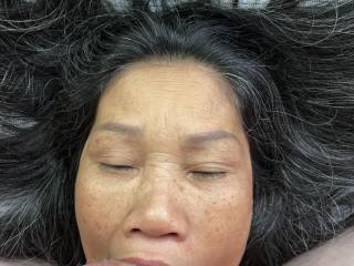 Hair spread out while sucking the balls