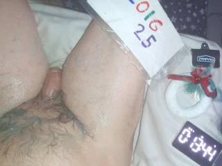 My dick and colored lube skin some time after toy play, plus a cooking timer is running... TG1 camera was used.