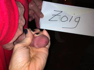 here is our first official zoig picture with my wife grabbing my soft cock