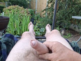 Stroking my cock in the garden watching cams