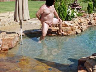 Hubby naked and nervous in our pool...our female neighbor was in her back yard with her female friends and hubby\'s cock was open for display!  I wonder if they got a look?  It made me wet and horny for sure seeing my man naked and vulnerable!!!