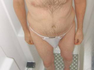 A partial body frontal as I wear my white undie during a shower in late September of 2023. S70 camera was used in a waterproof housing via remote.