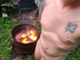 Enjoying the warmth of the fire pit