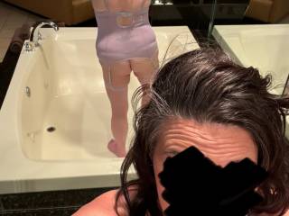 She just had to take a pic in the hot tub with all the mirrors around before we filled it up. Look at how good that ass looks and inviting it is