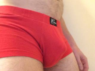 Feeling sexy in tight red boxer-briefs! I wonder if it will contain me when I get hard...
