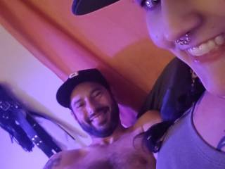 We always have fun. We laugh during sex all the time. I\'m riding him and he is ready to get busy with the toy. We paused to take a selfie.