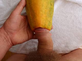 I take what I find: this fruit didn't resist long - but the fleshy feeling was incredible!
Any girls want to taste my cock after this?