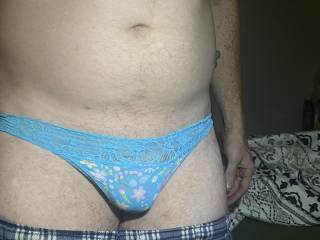 Me showing off my cock in lace and cotton thongs