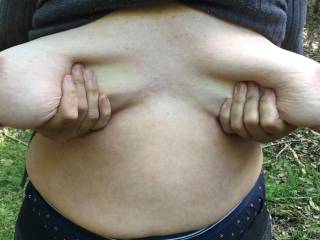 Soft, squeezed, spread - big tits under some trees