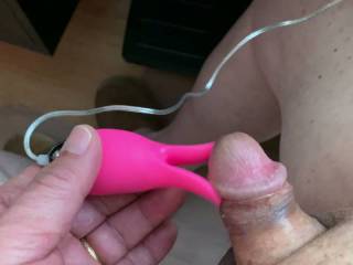 I am edging and teasing my little guy with a different clit vibrator head.