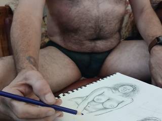 Hard at work on a preliminary sketch of my late wife.