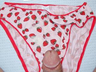 Cums on strawberry panty.
