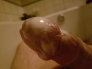 Close-up of my young horny cock covered by my creamy cum