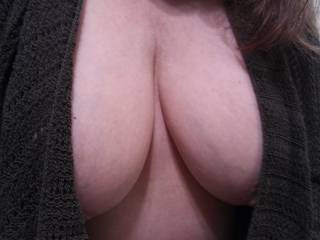 While at work, this luscious set of tits of Mrs. Shutterbug58 were texted to Hubby. She asked that he share them with the men at Zoig. The missus says that the men really need more of her hooters to enjoy and cum on.