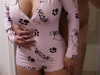 Getting ready for bed in my meow pajamas. Do you want to help take them off me?