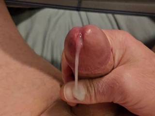 Stroking my smooth hard cock to start my day.