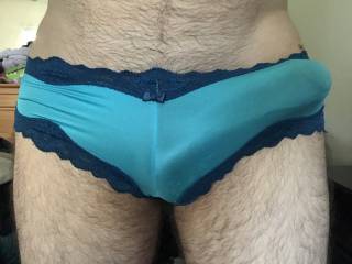 Hard in blue satin VS panties