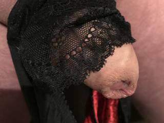 My hard smooth cock enjoying the black lace of my wife\'s red silk polkadot & black lace panties around my shaft.