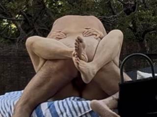 wife cumming as I fuck her outside in the backyard of our new townhome, she moaned so loud I bet our new neighbors heard