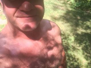 Was coming in from the lake for a little afternoon delight.  My friend took the pic as I was walking through the woods.  
Do you think I should have shaved before the pic was taken?