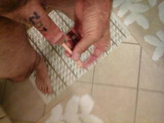 #3 of 4, 8 inch Sound 1/2 way inserted, stretching my urethra, dick starting to get hard.....
