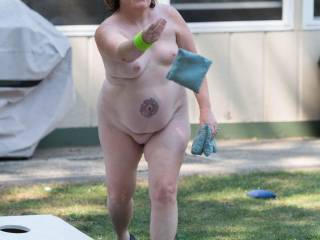 Playing outdoor games at Nudist camp