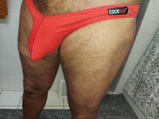 CockSox Red Thong 
  How\'s it look on me???