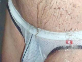 A standing frontal as I wear my undie during a shower in September of 2025. A Olympus TG 810 camera was used.