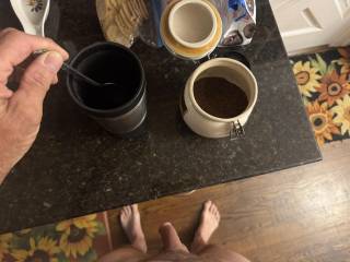 Making morning coffee, hanging flaccid