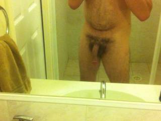 My first nude mirror shot. Next pic I upload I\'ll have it nice and hard